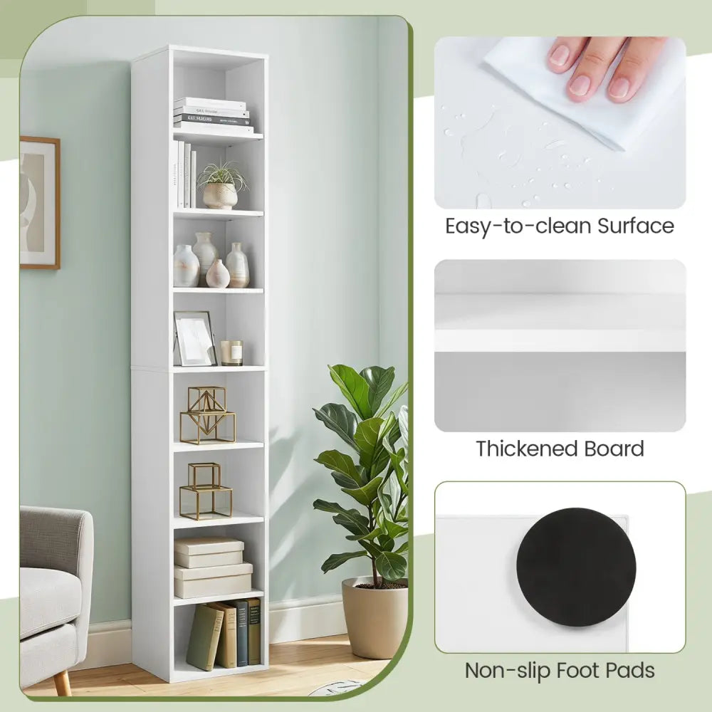 8-Tier Narrow Bookshelf with 4 Adjustable Shelves and Storage Cubes-White - White - Bookcases