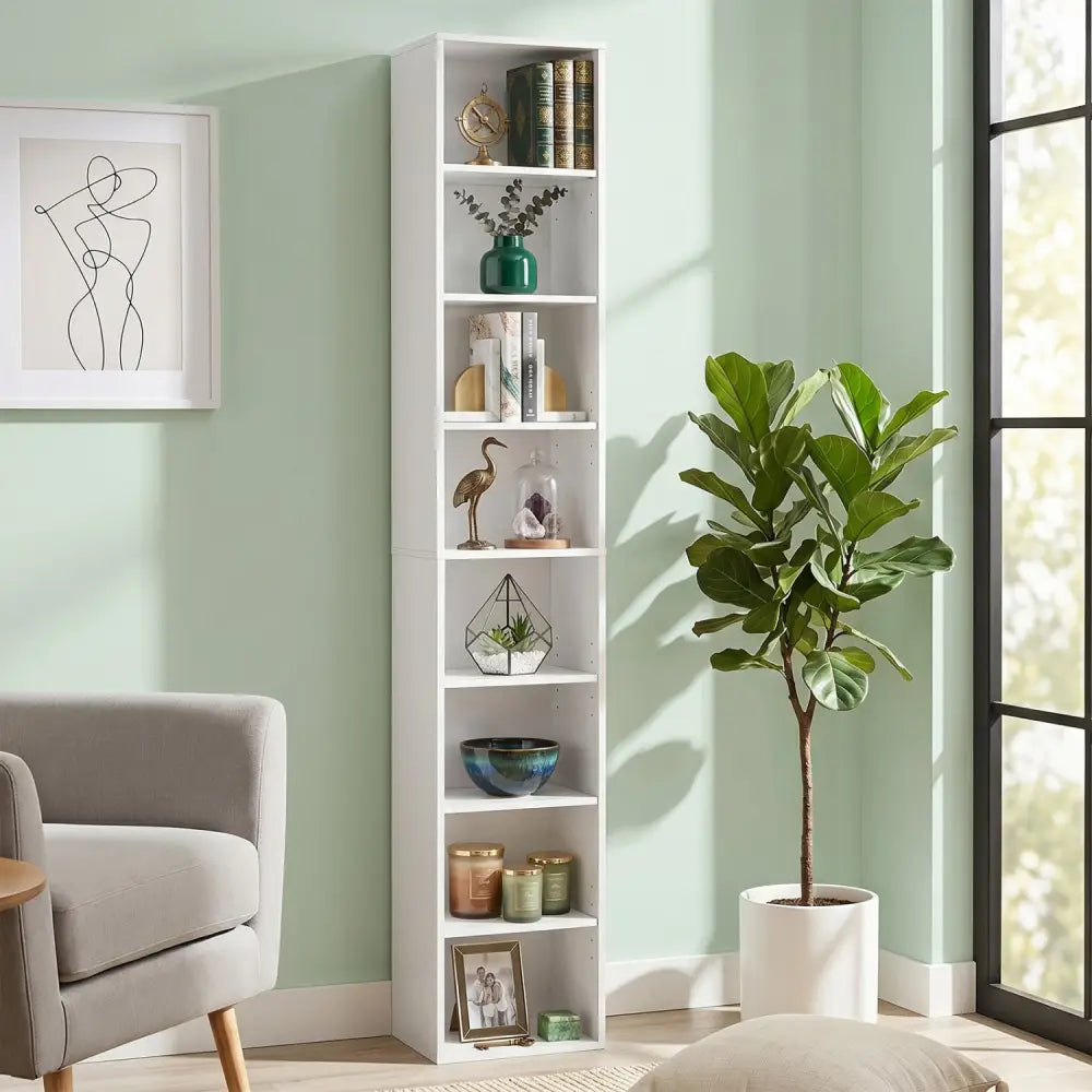 8-Tier Narrow Bookshelf with 4 Adjustable Shelves and Storage Cubes-White - White - Bookcases