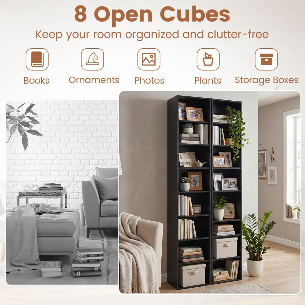 8-Tier Narrow Bookshelf with 4 Adjustable Shelves and Storage Cubes-Black - Black - Bookcases