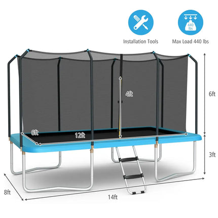 8 x 14 Feet Rectangular Recreational Trampoline with Safety Enclosure Net and Ladder-Blue - Blue - Trampolines