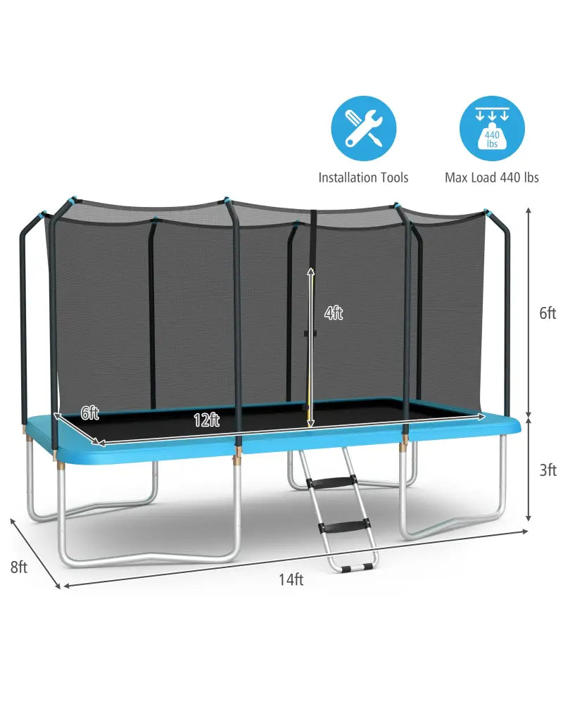 8 x 14 Feet Rectangular Recreational Trampoline with Safety Enclosure Net and Ladder-Blue - Blue - Trampolines