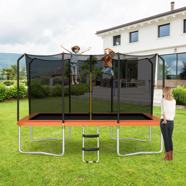 8 x 14 Feet Rectangular Recreational Trampoline with Safety Enclosure Net and Ladder-Orange - Orange - Trampolines