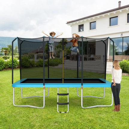 8 x 14 Feet Rectangular Recreational Trampoline with Safety Enclosure Net and Ladder-Blue - Blue - Trampolines