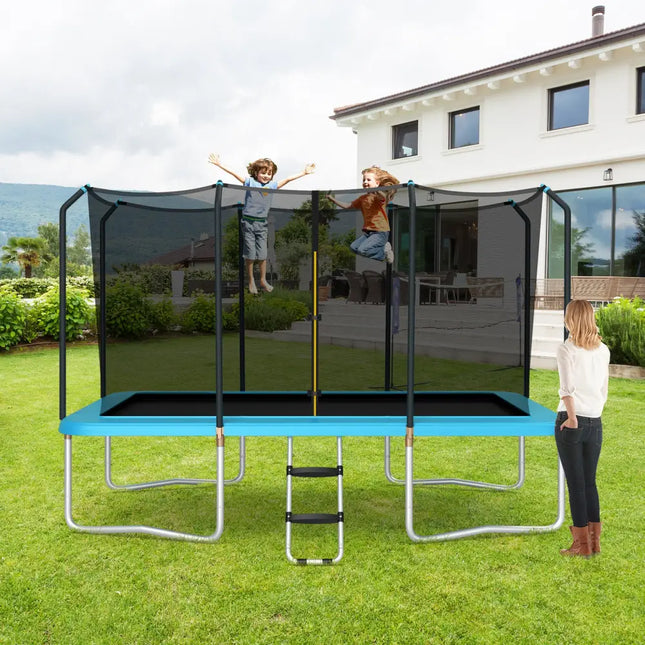 8 x 14 Feet Rectangular Recreational Trampoline with Safety Enclosure Net and Ladder-Blue - Blue - Trampolines