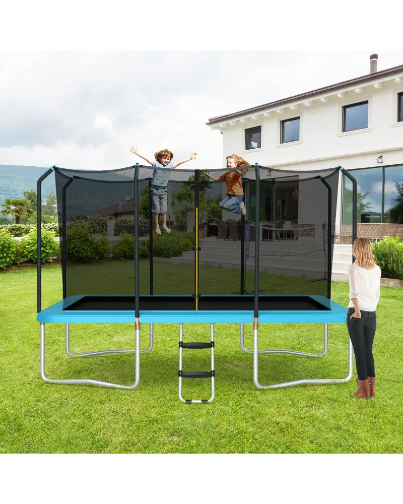 8 x 14 Feet Rectangular Recreational Trampoline with Safety Enclosure Net and Ladder-Blue - Blue - Trampolines