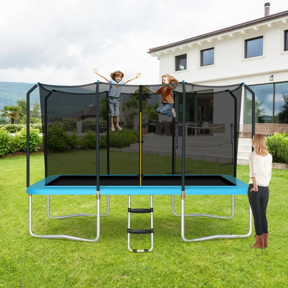 8 x 14 Feet Rectangular Recreational Trampoline with Safety Enclosure Net and Ladder-Blue - Blue - Trampolines