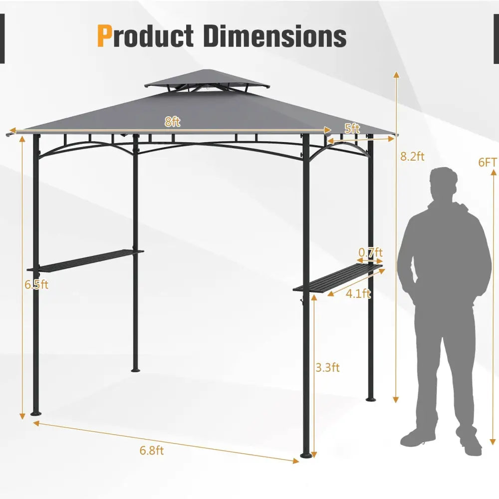 8 x 5 Feet Grill Gazebo with 2 Shelves 6 Hooks and Metal Frame-Gray - Gray - Gazebos