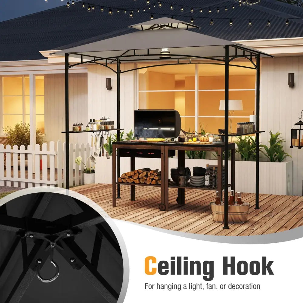 8 x 5 Feet Grill Gazebo with 2 Shelves 6 Hooks and Metal Frame-Gray - Gray - Gazebos