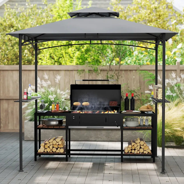 8 x 5 Feet Grill Gazebo with 2 Shelves 6 Hooks and Metal Frame-Gray - Gray - Gazebos