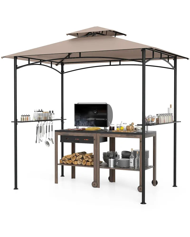 8 x 5 Feet Grill Gazebo with 2 Shelves 6 Hooks and Metal Frame-Rustic Brown - Rustic Brown - Gazebos