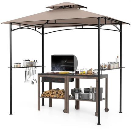 8 x 5 Feet Grill Gazebo with 2 Shelves 6 Hooks and Metal Frame-Rustic Brown - Rustic Brown - Gazebos