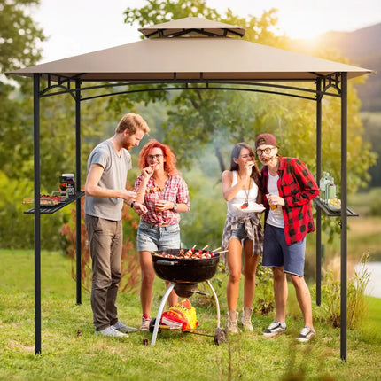 8 x 5 Feet Grill Gazebo with 2 Shelves 6 Hooks and Metal Frame-Rustic Brown - Rustic Brown - Gazebos