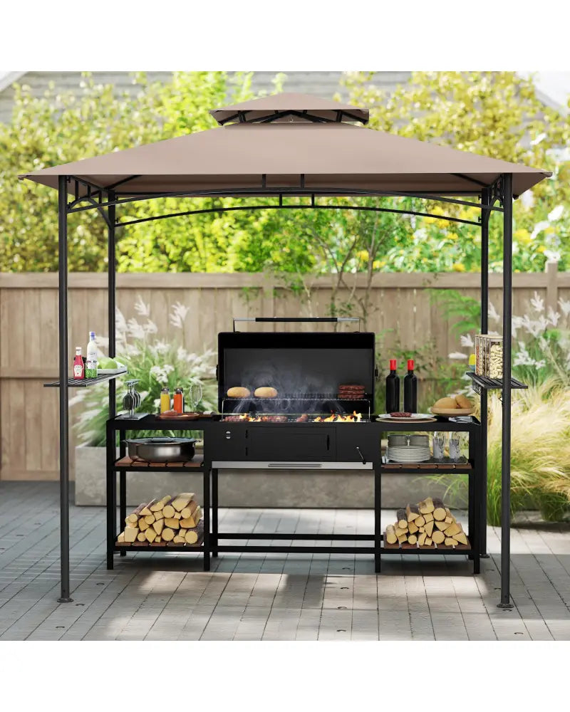 8 x 5 Feet Grill Gazebo with 2 Shelves 6 Hooks and Metal Frame-Rustic Brown - Rustic Brown - Gazebos