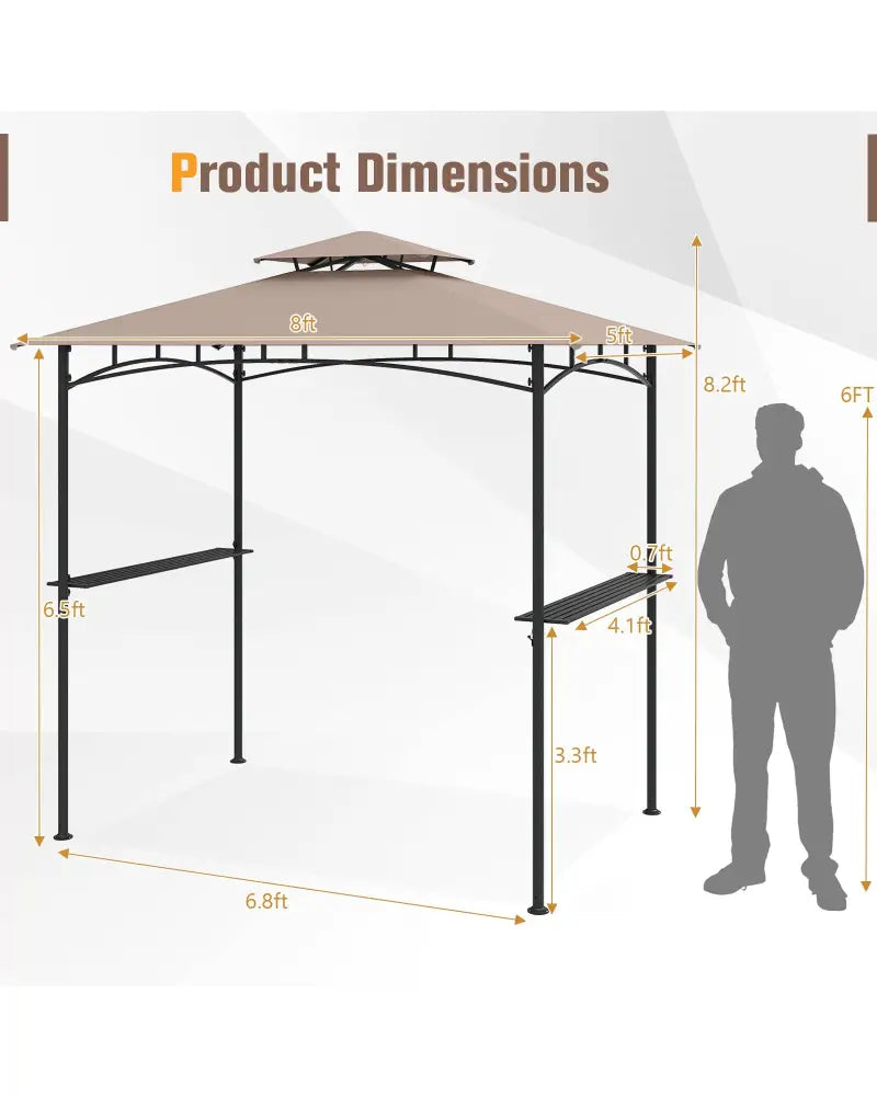 8 x 5 Feet Grill Gazebo with 2 Shelves 6 Hooks and Metal Frame-Rustic Brown - Rustic Brown - Gazebos