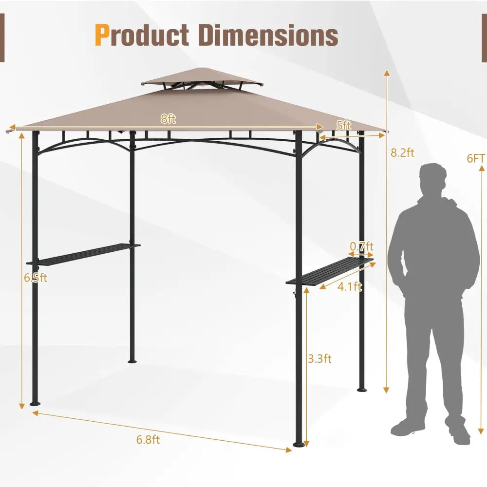 8 x 5 Feet Grill Gazebo with 2 Shelves 6 Hooks and Metal Frame-Rustic Brown - Rustic Brown - Gazebos