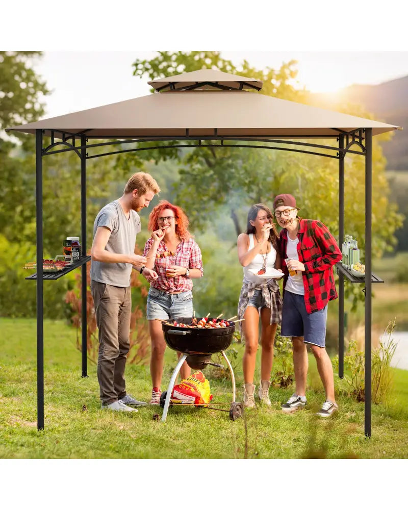 8 x 5 Feet Grill Gazebo with 2 Shelves 6 Hooks and Metal Frame-Rustic Brown - Rustic Brown - Gazebos