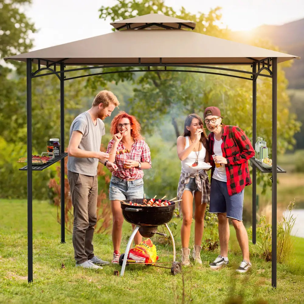 8 x 5 Feet Grill Gazebo with 2 Shelves 6 Hooks and Metal Frame-Rustic Brown - Rustic Brown - Gazebos