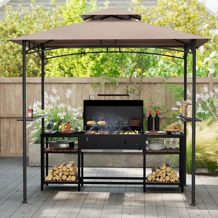 8 x 5 Feet Grill Gazebo with 2 Shelves 6 Hooks and Metal Frame-Rustic Brown - Rustic Brown - Gazebos