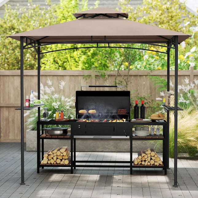 8 x 5 Feet Grill Gazebo with 2 Shelves 6 Hooks and Metal Frame-Rustic Brown - Rustic Brown - Gazebos