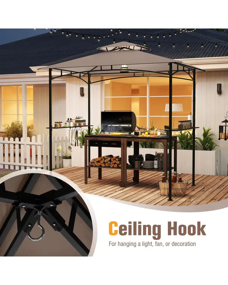 8 x 5 Feet Grill Gazebo with 2 Shelves 6 Hooks and Metal Frame-Rustic Brown - Rustic Brown - Gazebos