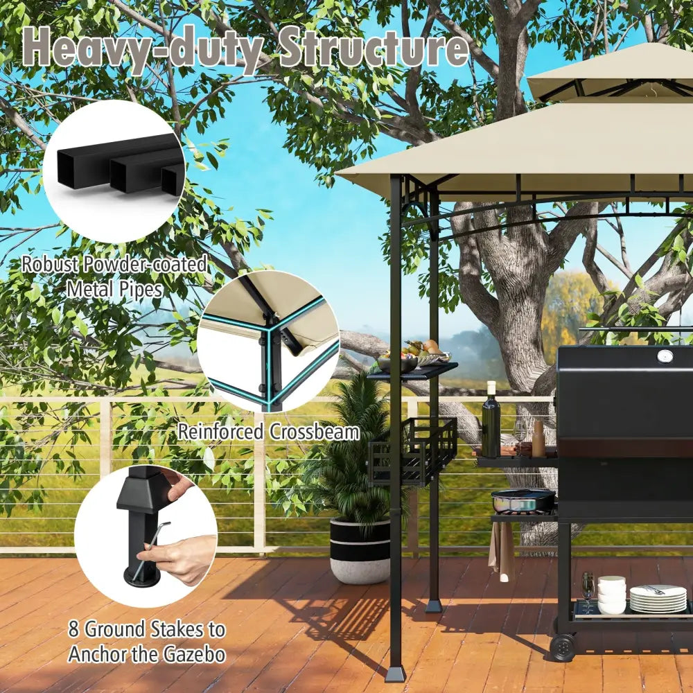 8 x 5 Feet Outdoor Grill Gazebo with 2 Side Shelves and 10 Hooks-Beige - Beige - Gazebos