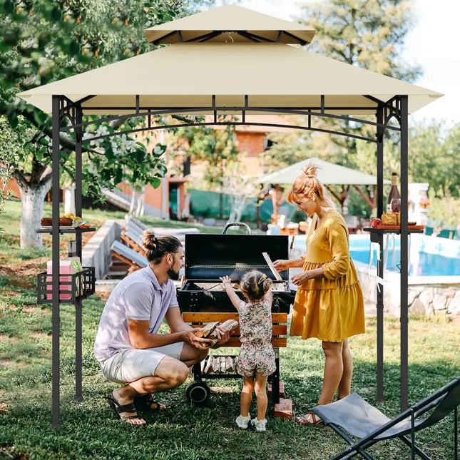 8 x 5 Feet Outdoor Grill Gazebo with 2 Side Shelves and 10 Hooks-Beige - Beige - Gazebos