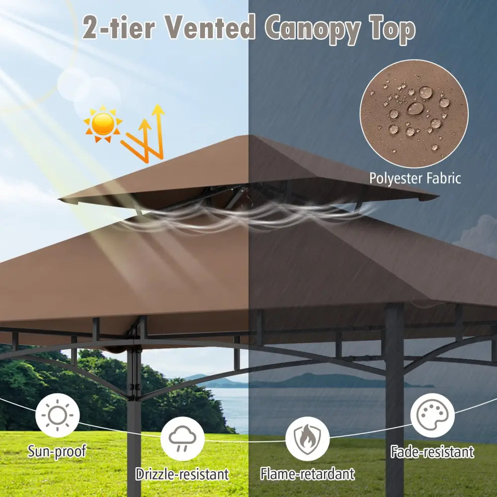 8 x 5 Feet Outdoor Grill Gazebo with 2 Side Shelves and 10 Hooks-Brown - Brown - Gazebos