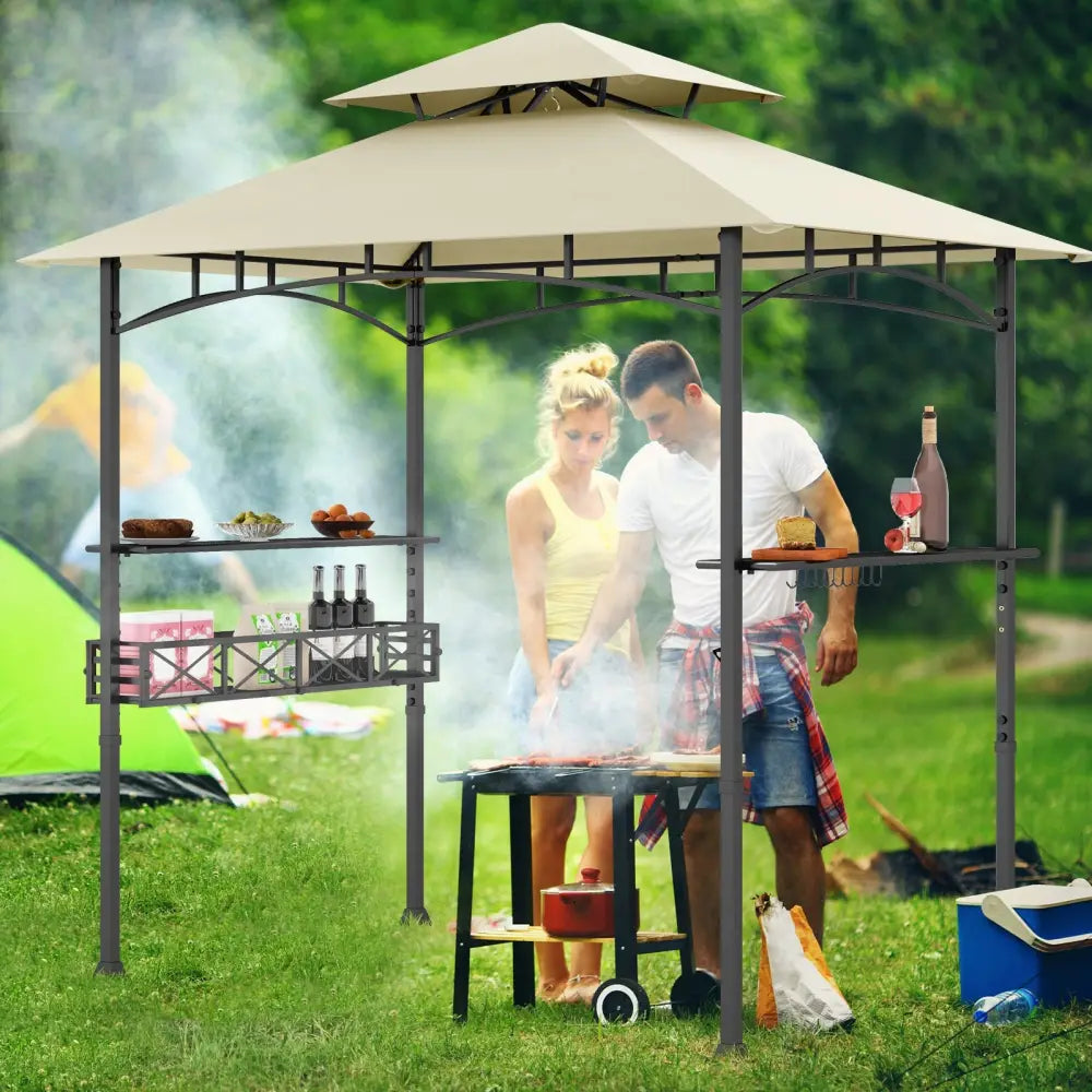 8 x 5 Feet Outdoor Grill Gazebo with 2 Side Shelves and 10 Hooks-Beige - Beige - Gazebos