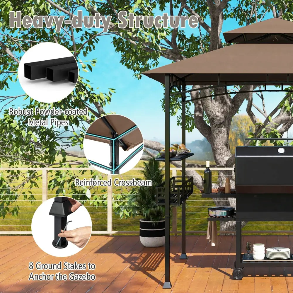 8 x 5 Feet Outdoor Grill Gazebo with 2 Side Shelves and 10 Hooks-Brown - Brown - Gazebos