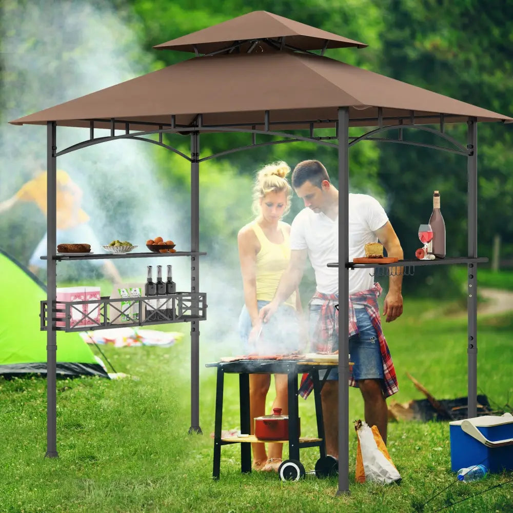 8 x 5 Feet Outdoor Grill Gazebo with 2 Side Shelves and 10 Hooks-Brown - Brown - Gazebos