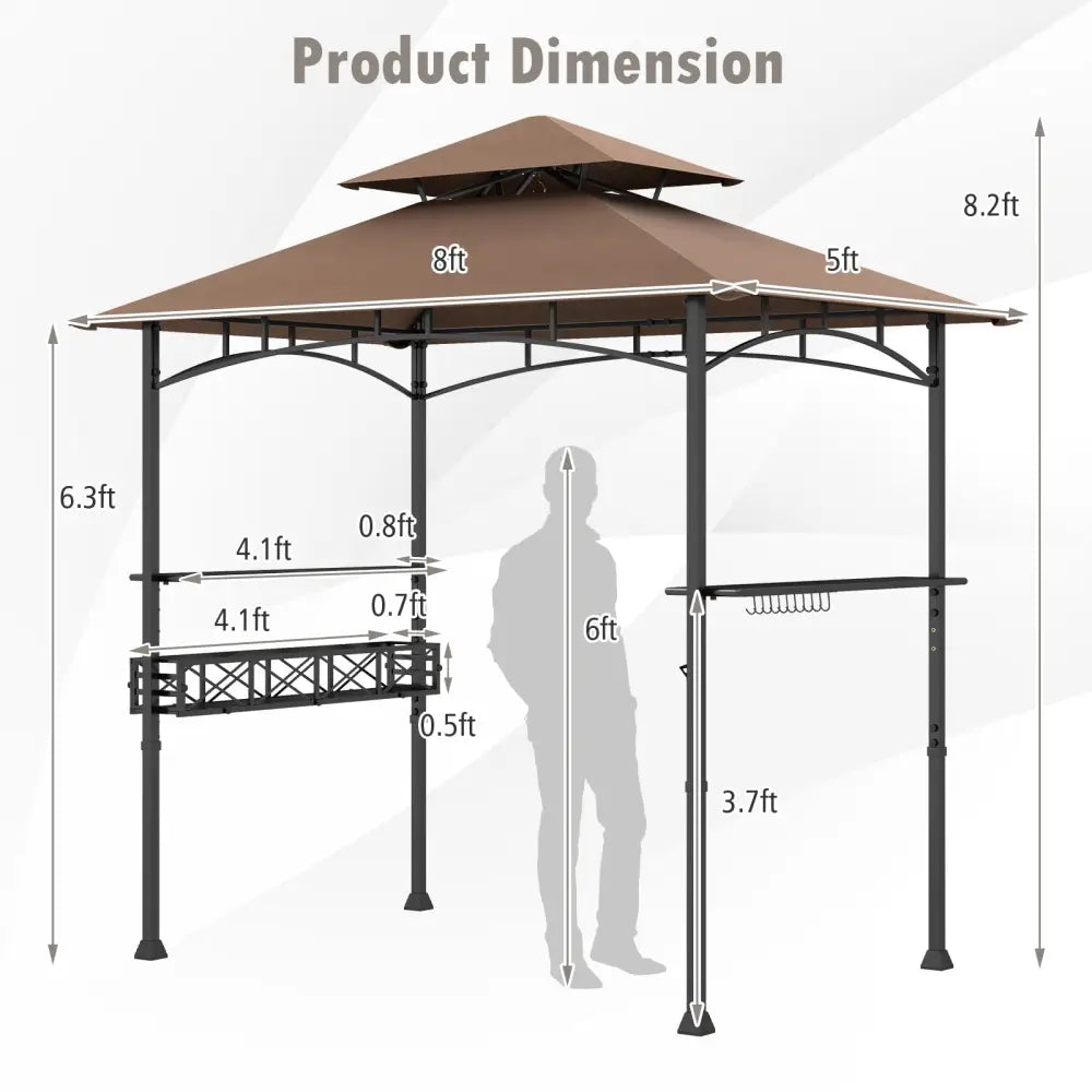 8 x 5 Feet Outdoor Grill Gazebo with 2 Side Shelves and 10 Hooks-Brown - Brown - Gazebos