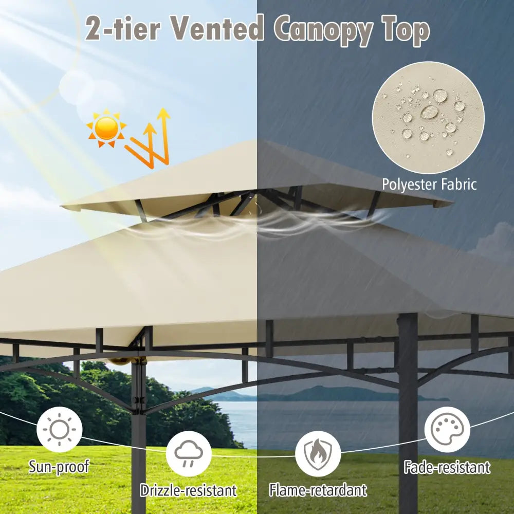 8 x 5 Feet Outdoor Grill Gazebo with 2 Side Shelves and 10 Hooks-Beige - Beige - Gazebos
