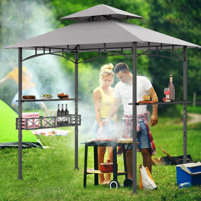 8 x 5 Feet Outdoor Grill Gazebo with 2 Side Shelves and 10 Hooks-Gray - Gray - Gazebos
