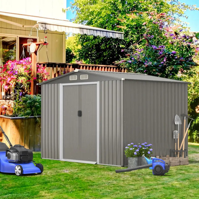 8 x 6 Feet Galvanized Steel Storage Shed for Garden Yard-Gray - Gray - Sheds & Outdoor Storage