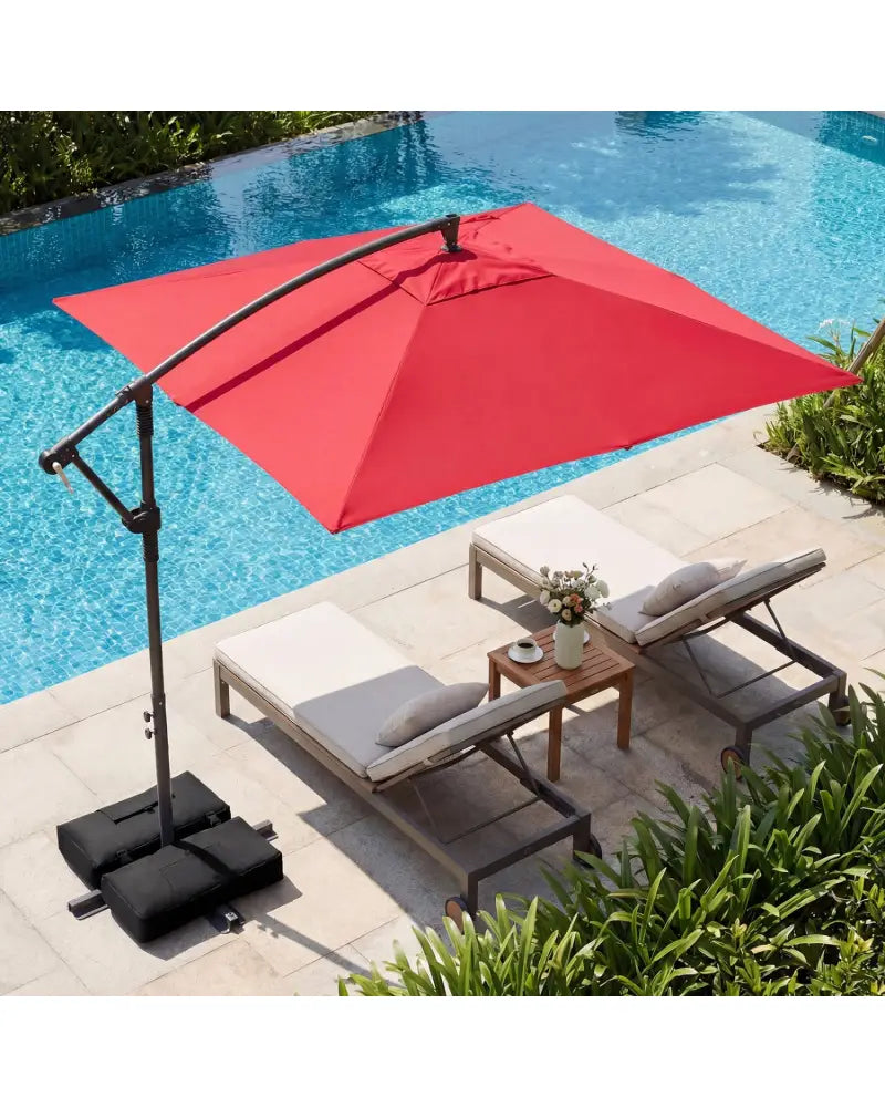 8 x 8 FT Offset Cantilever Patio Umbrella Square Hanging Outdoor Market Umbrella with 360° Rotation-Red - Red - Outdoor