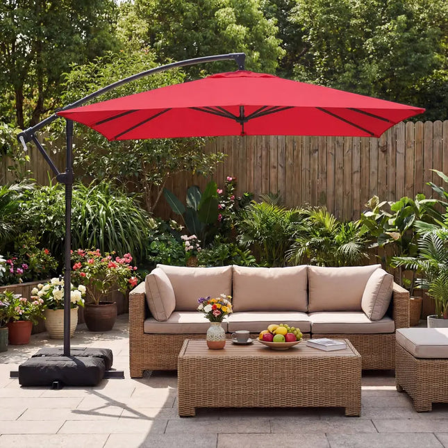 8 x 8 FT Offset Cantilever Patio Umbrella Square Hanging Outdoor Market Umbrella with 360° Rotation-Red - Red - Outdoor
