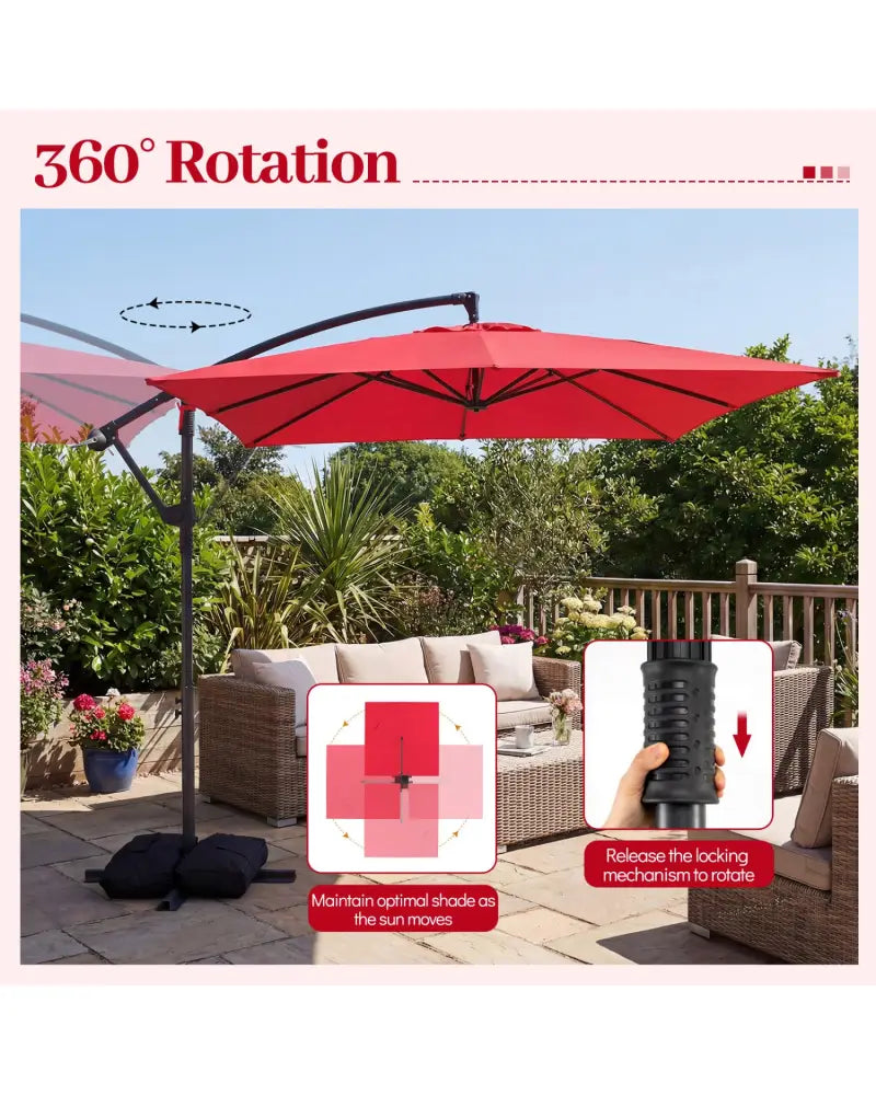 8 x 8 FT Offset Cantilever Patio Umbrella Square Hanging Outdoor Market Umbrella with 360° Rotation-Red - Red - Outdoor