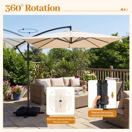 8 x 8 FT Offset Cantilever Patio Umbrella Square Hanging Outdoor Market Umbrella with 360° Rotation-Beige - Beige