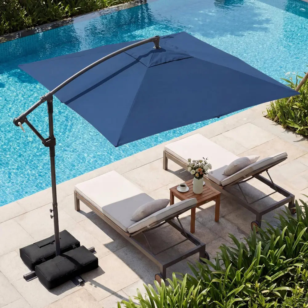 8 x 8 FT Offset Cantilever Patio Umbrella Square Hanging Outdoor Market Umbrella with 360° Rotation-Navy - Navy