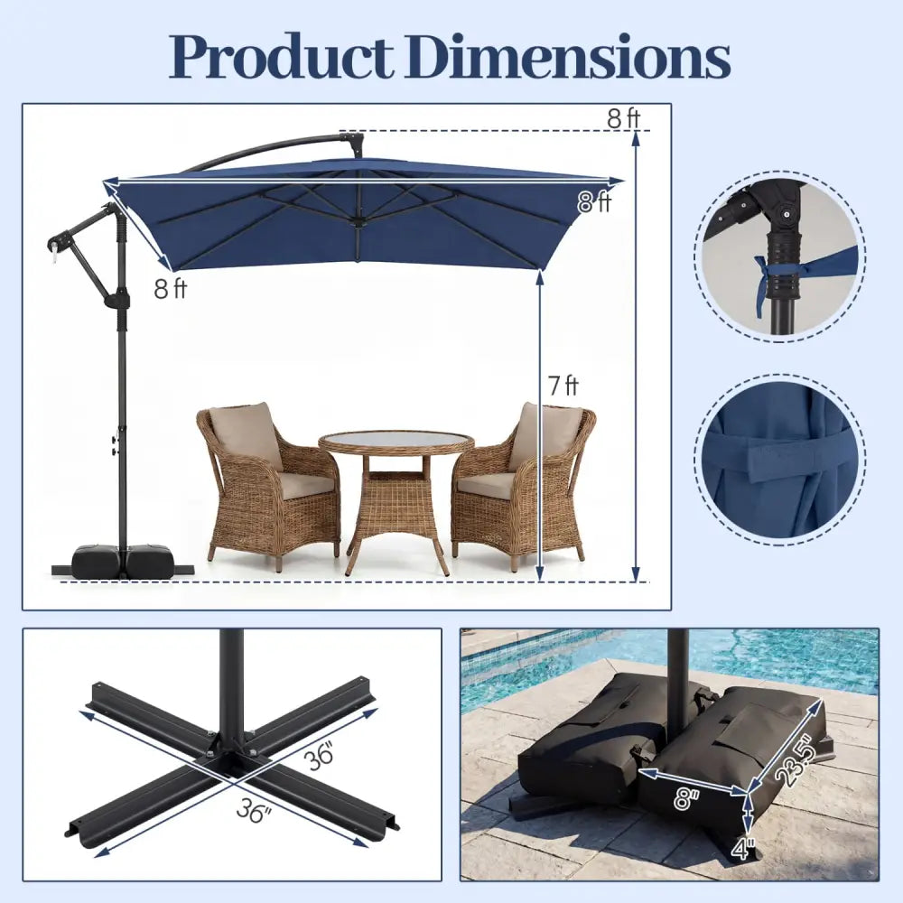 8 x 8 FT Offset Cantilever Patio Umbrella Square Hanging Outdoor Market Umbrella with 360° Rotation-Navy - Navy