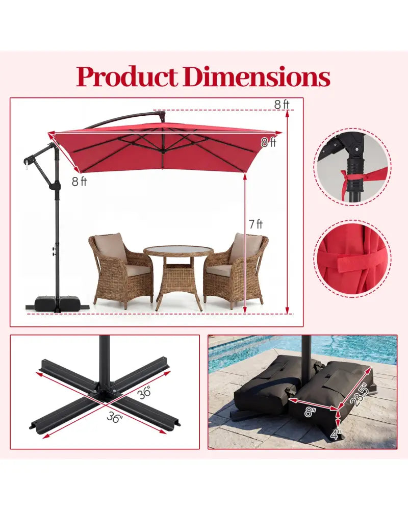 8 x 8 FT Offset Cantilever Patio Umbrella Square Hanging Outdoor Market Umbrella with 360° Rotation-Red - Red - Outdoor