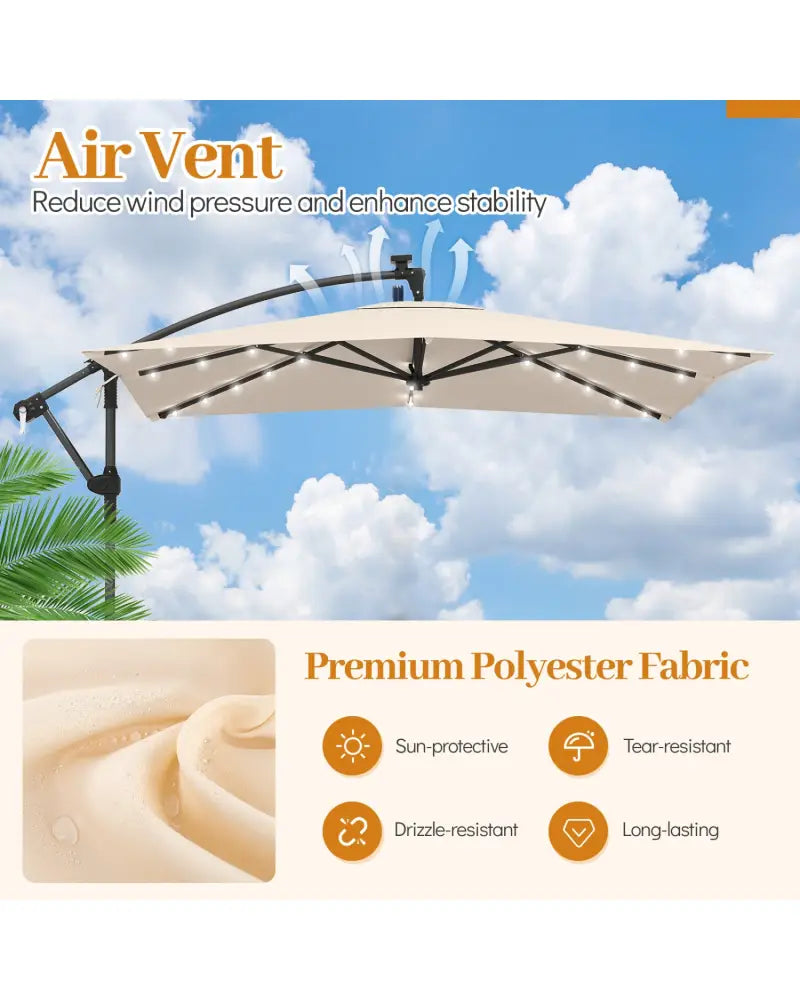8 x 8 Square FT Solar LED Offset Cantilever Patio Umbrella with 360° Rotation-Beige - Beige - Outdoor Umbrellas