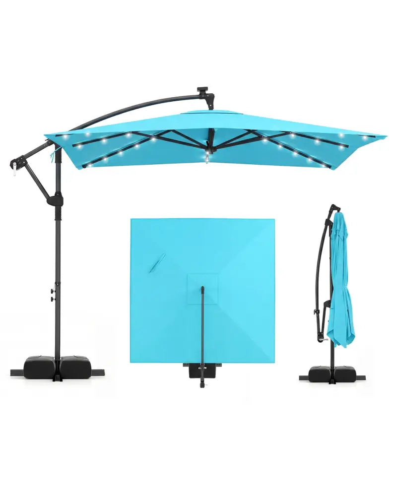 8 x 8 Square FT Solar LED Offset Cantilever Patio Umbrella with 360° Rotation-Turquoise - Turquoise - Outdoor Umbrellas
