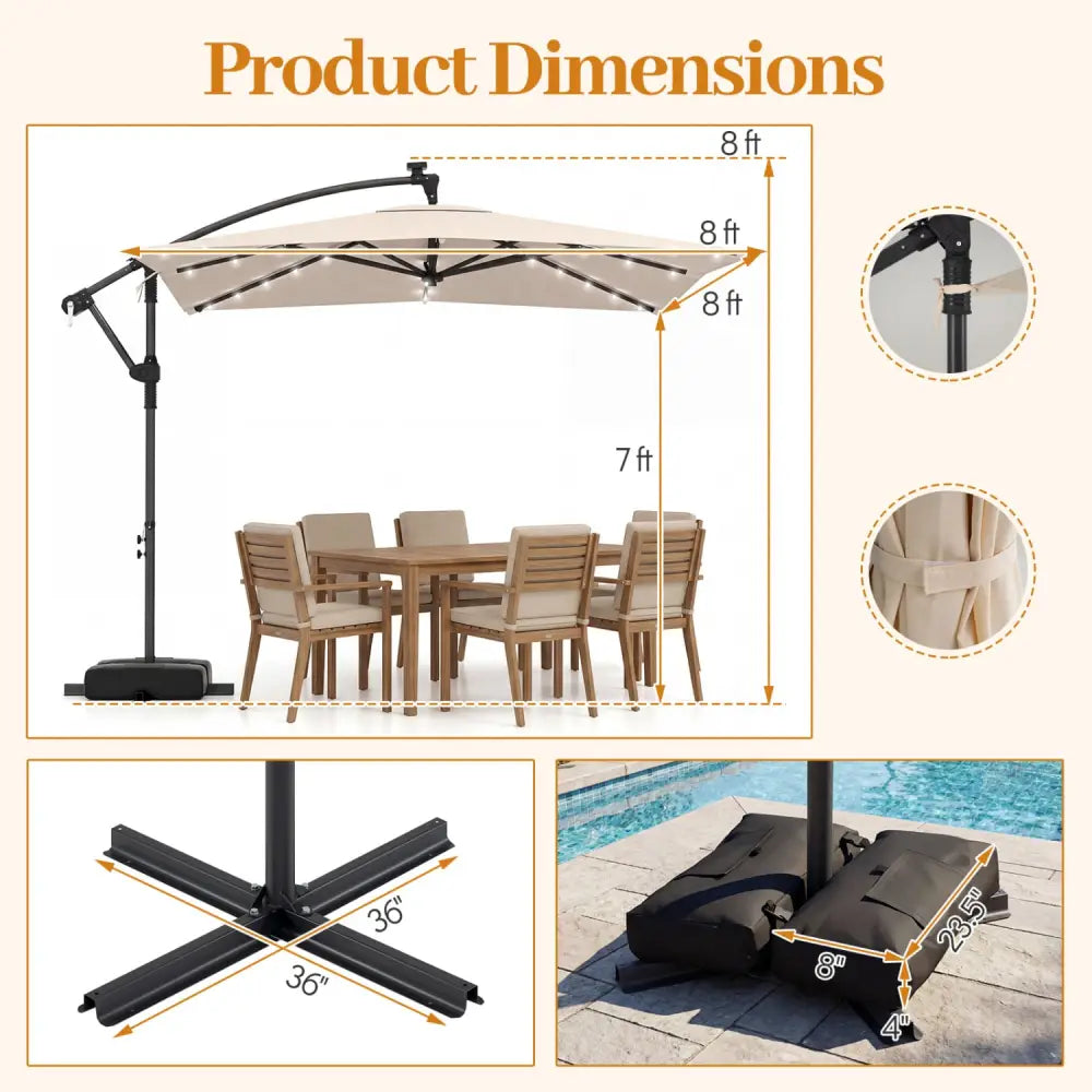 8 x 8 Square FT Solar LED Offset Cantilever Patio Umbrella with 360° Rotation-Beige - Beige - Outdoor Umbrellas