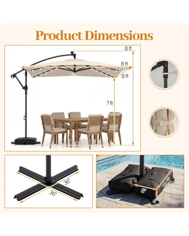 8 x 8 Square FT Solar LED Offset Cantilever Patio Umbrella with 360° Rotation-Beige - Beige - Outdoor Umbrellas