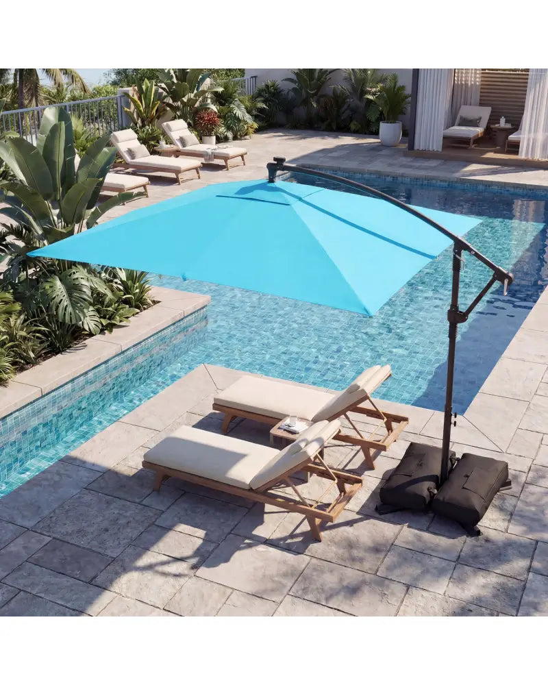 8 x 8 Square FT Solar LED Offset Cantilever Patio Umbrella with 360° Rotation-Turquoise - Turquoise - Outdoor Umbrellas