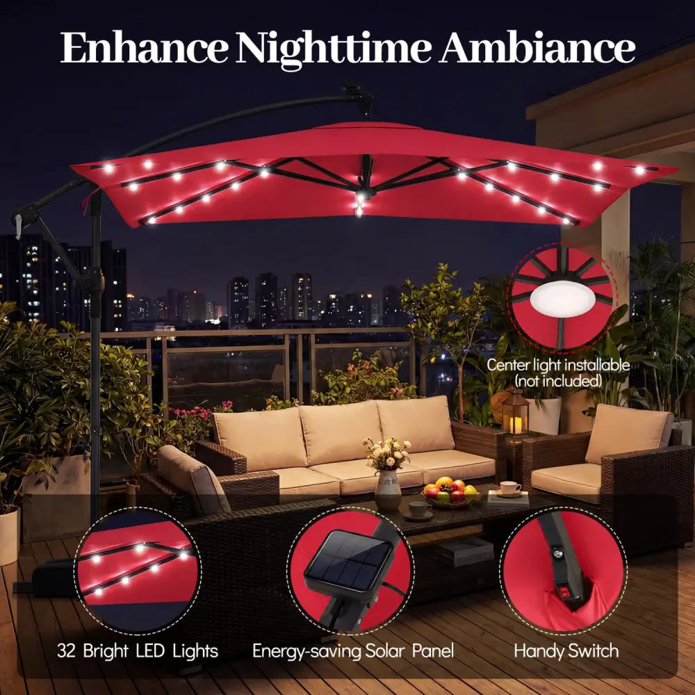 8 x 8 Square FT Solar LED Offset Cantilever Patio Umbrella with 360° Rotation-Red - Red - Outdoor Umbrellas