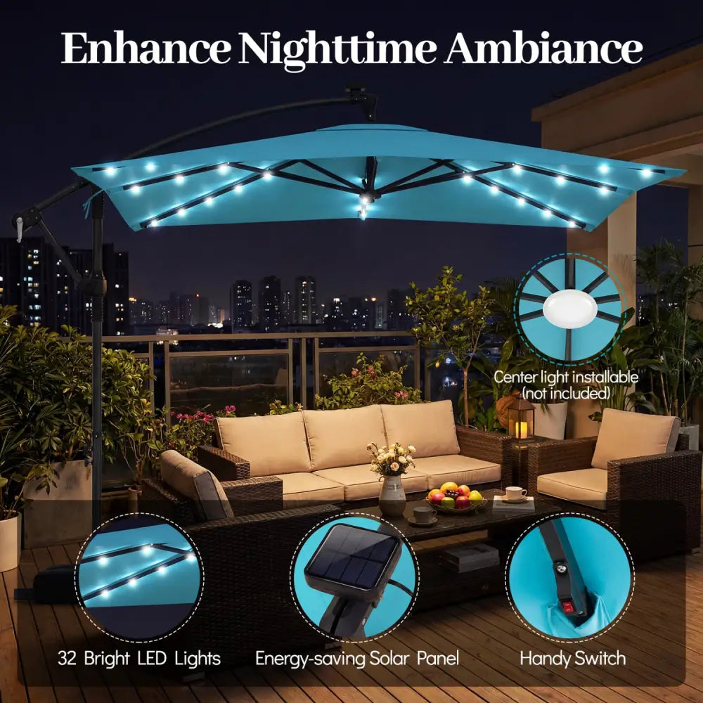 8 x 8 Square FT Solar LED Offset Cantilever Patio Umbrella with 360° Rotation-Turquoise - Turquoise - Outdoor Umbrellas