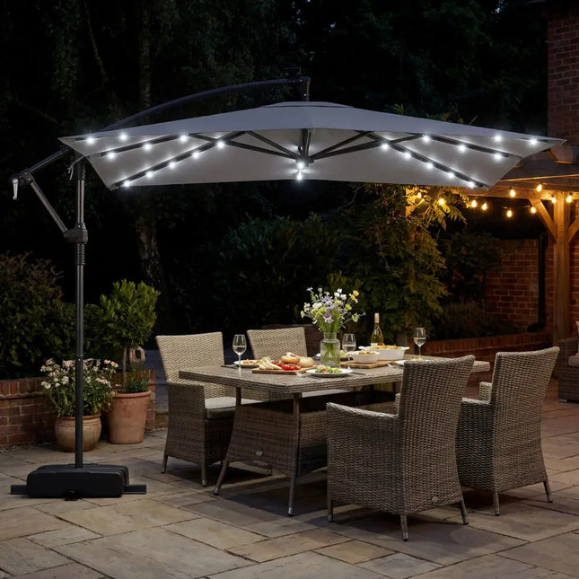 8 x 8 Square FT Solar LED Offset Cantilever Patio Umbrella with 360° Rotation-Gray - Gray - Outdoor Umbrellas