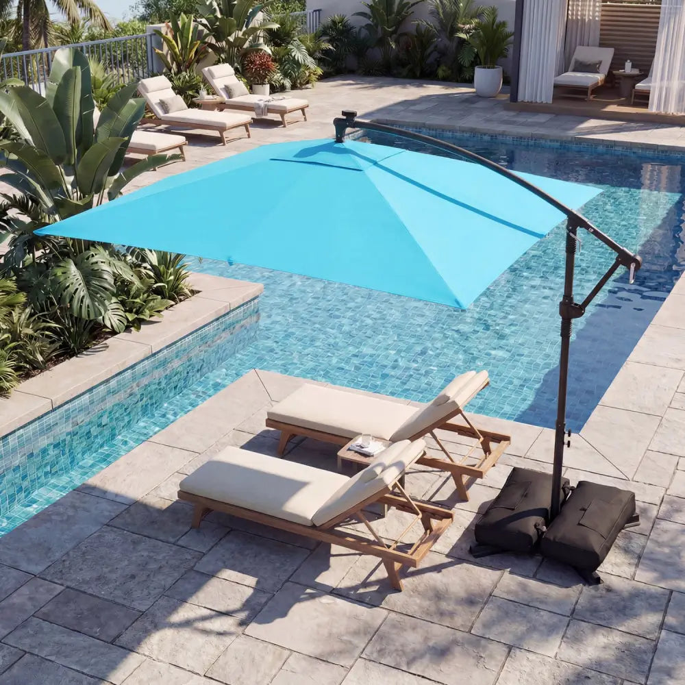 8 x 8 Square FT Solar LED Offset Cantilever Patio Umbrella with 360° Rotation-Turquoise - Turquoise - Outdoor Umbrellas